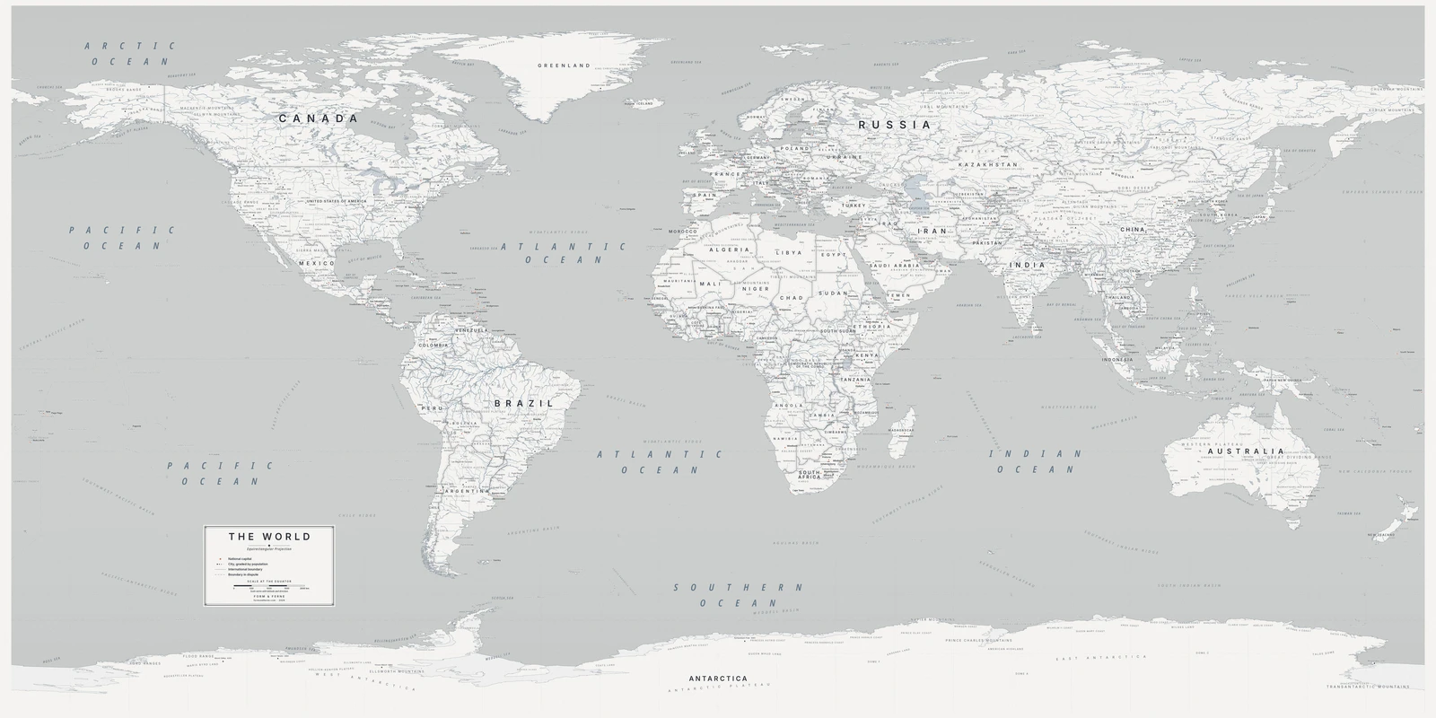 Equirectangular projection world map, a balance struck between area, shape and distance, Nordic style (Architectural minimalist), with all place names in English