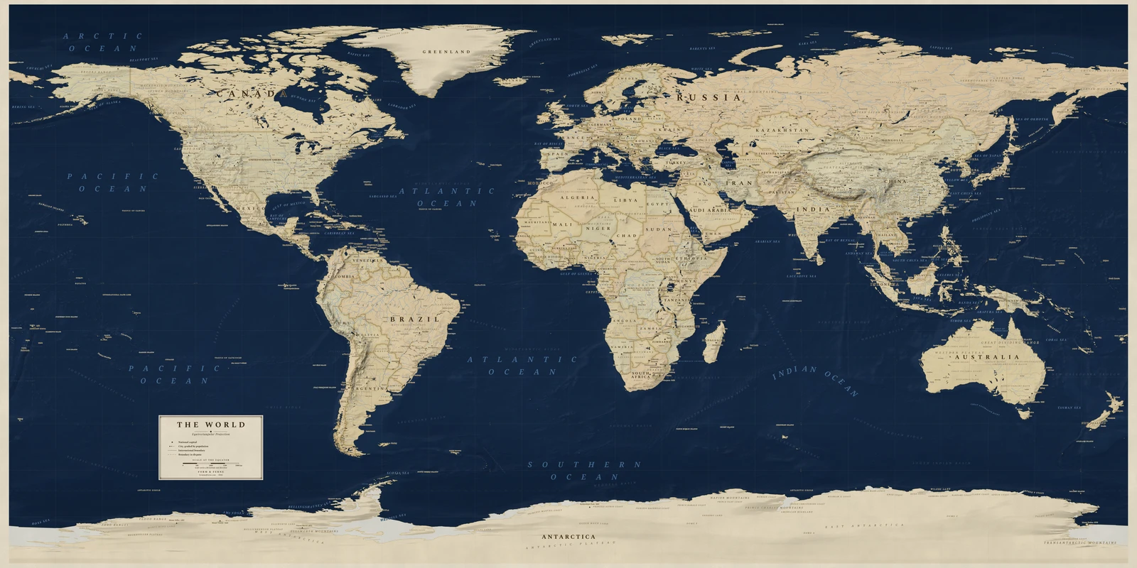 Equirectangular projection world map, a balance struck between area, shape and distance, Regency style (Navy sea, ochre and parchment), with all place names in English