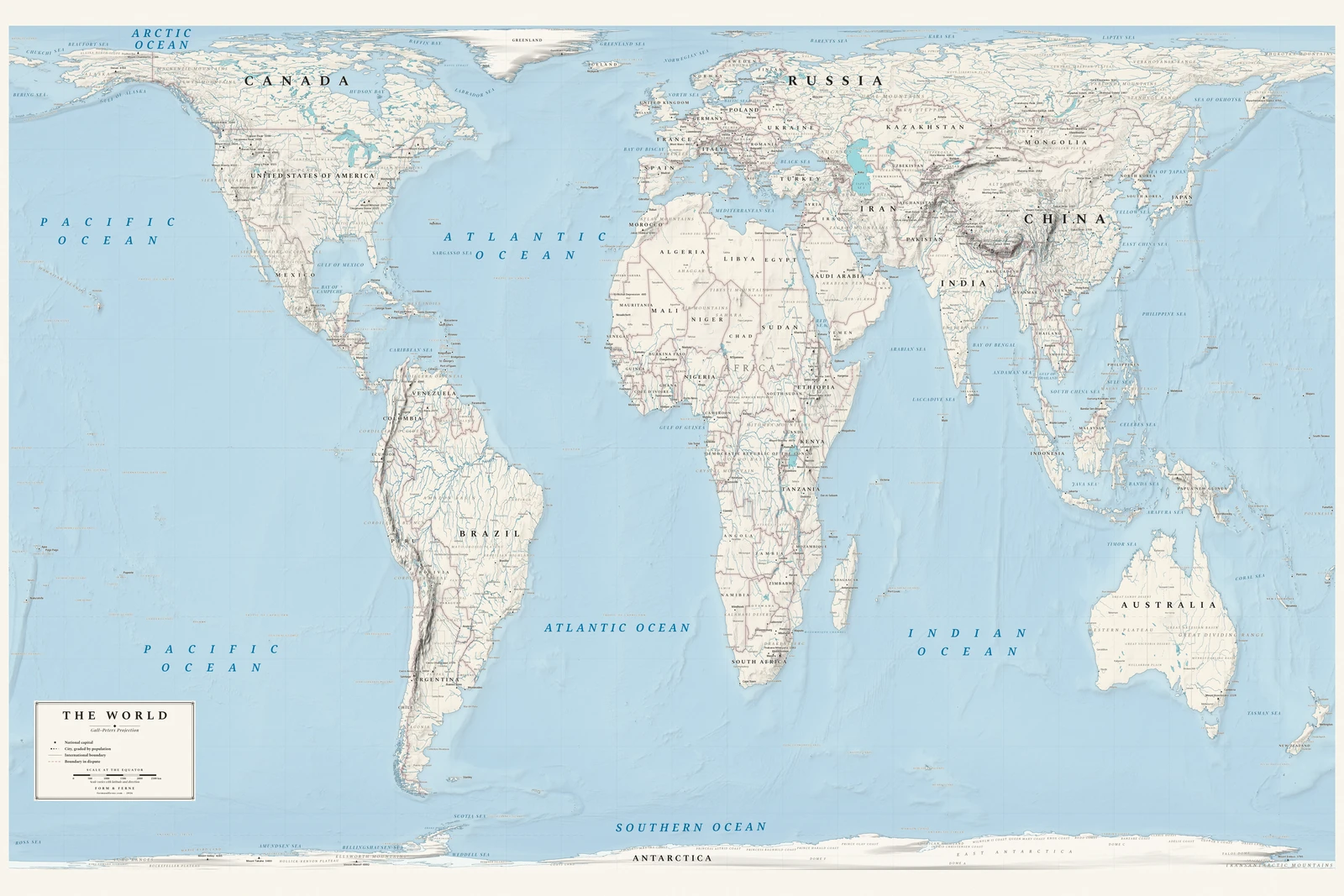 Gall–Peters projection world map, every country its true size, Alpin style (Swiss topographic relief), with all place names in English