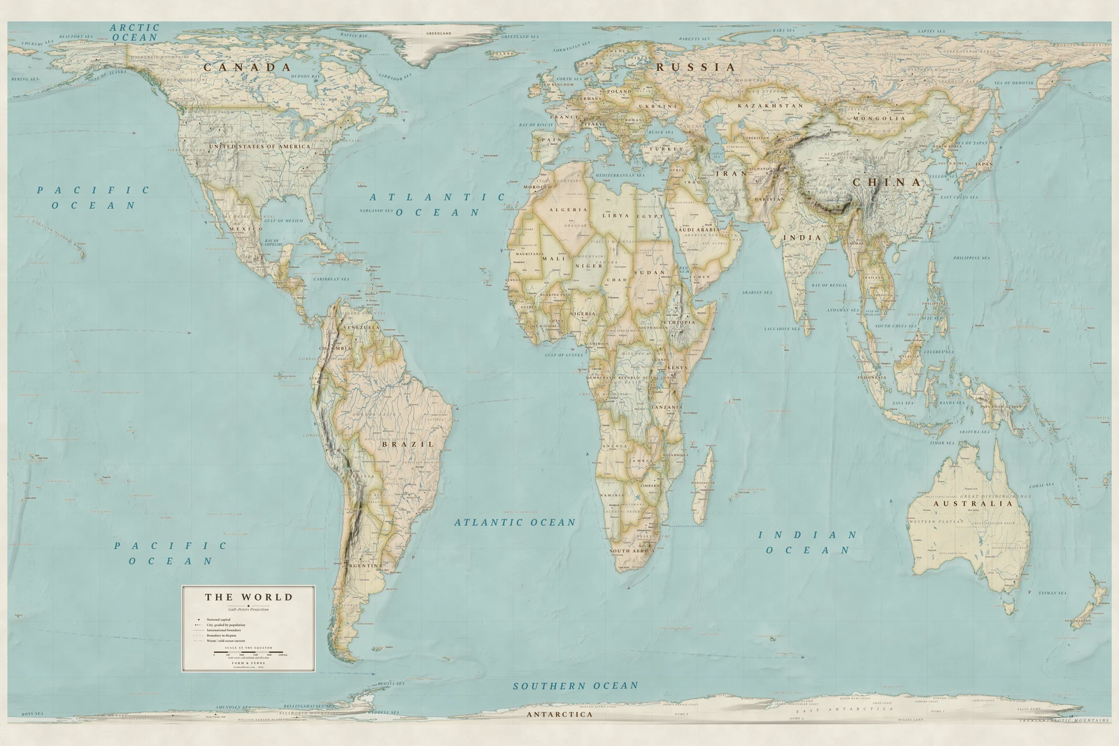 Gall–Peters projection world map, every country its true size, Heirloom style (Antique, hand-coloured look), with all place names in English