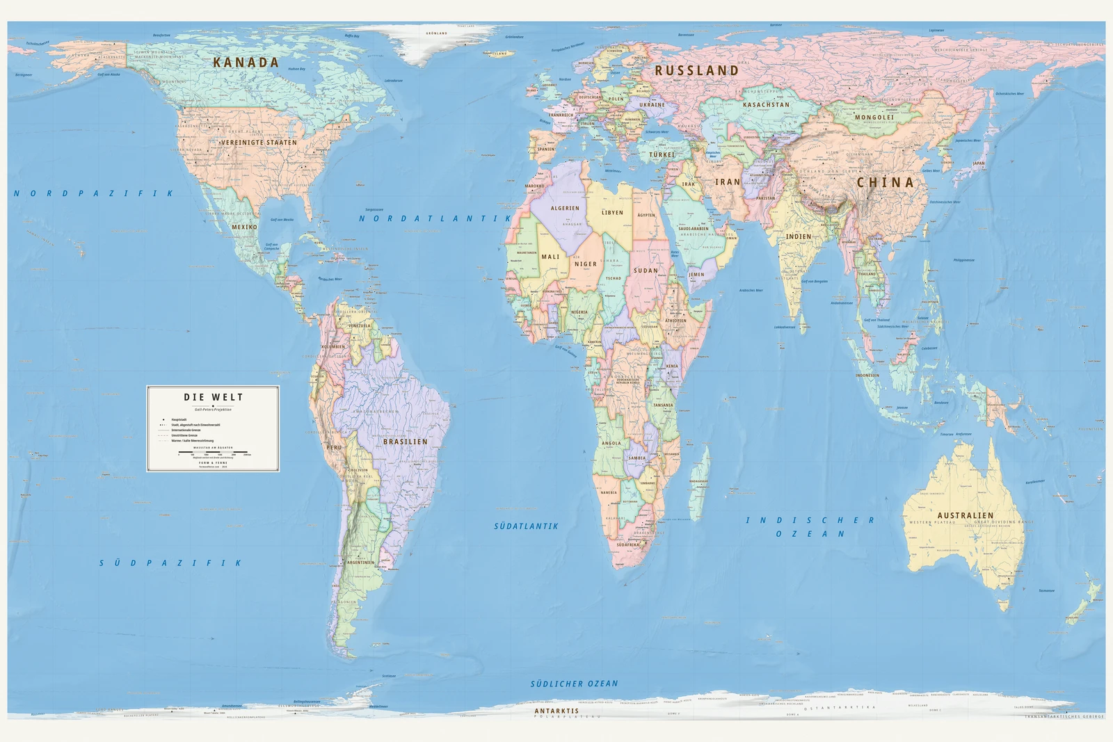 Weltkarte in der Gall–Peters-Projektion (jedes Land in seiner wahren Größe), Stil Meridian (moderner Atlas), alle Ortsnamen auf Deutsch