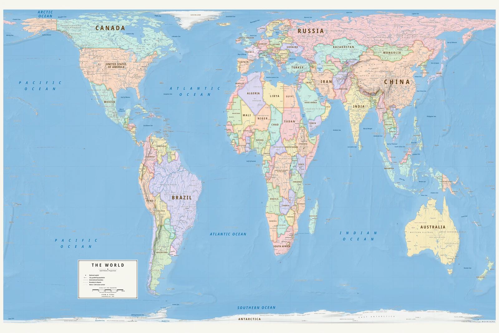 Gall–Peters projection world map, every country its true size, Meridian style (Mid-century atlas), with all place names in English