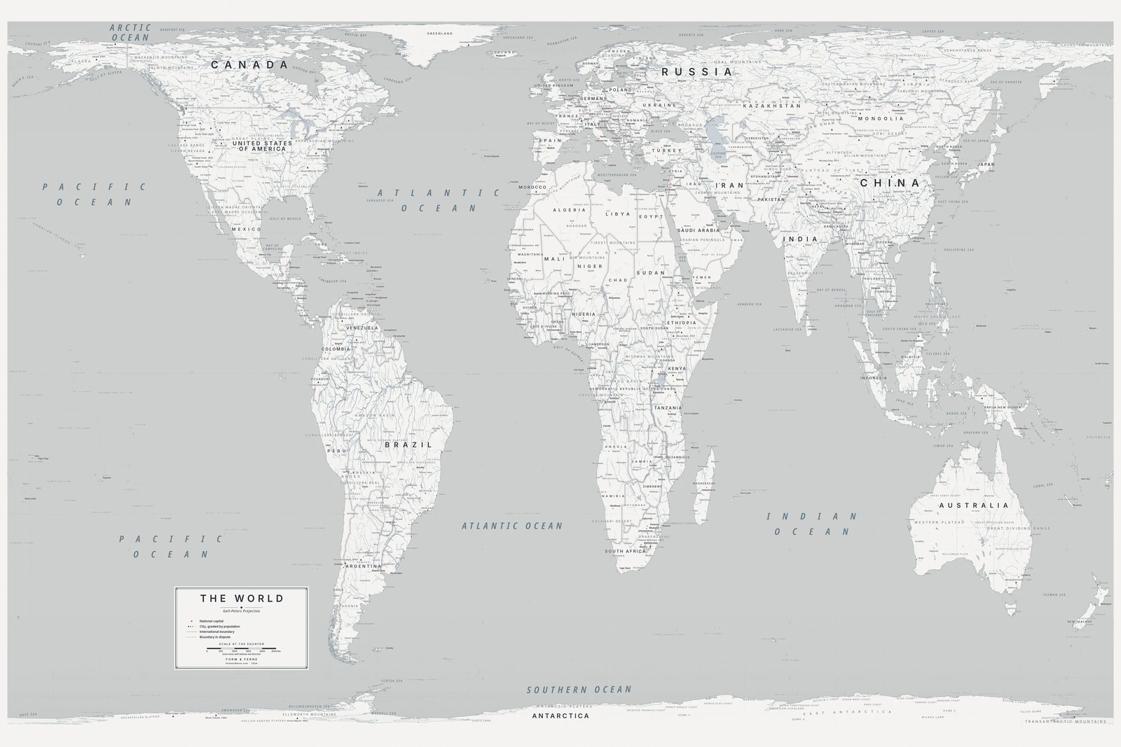 Gall–Peters projection world map, every country its true size, Nordic style (Architectural minimalist), with all place names in English