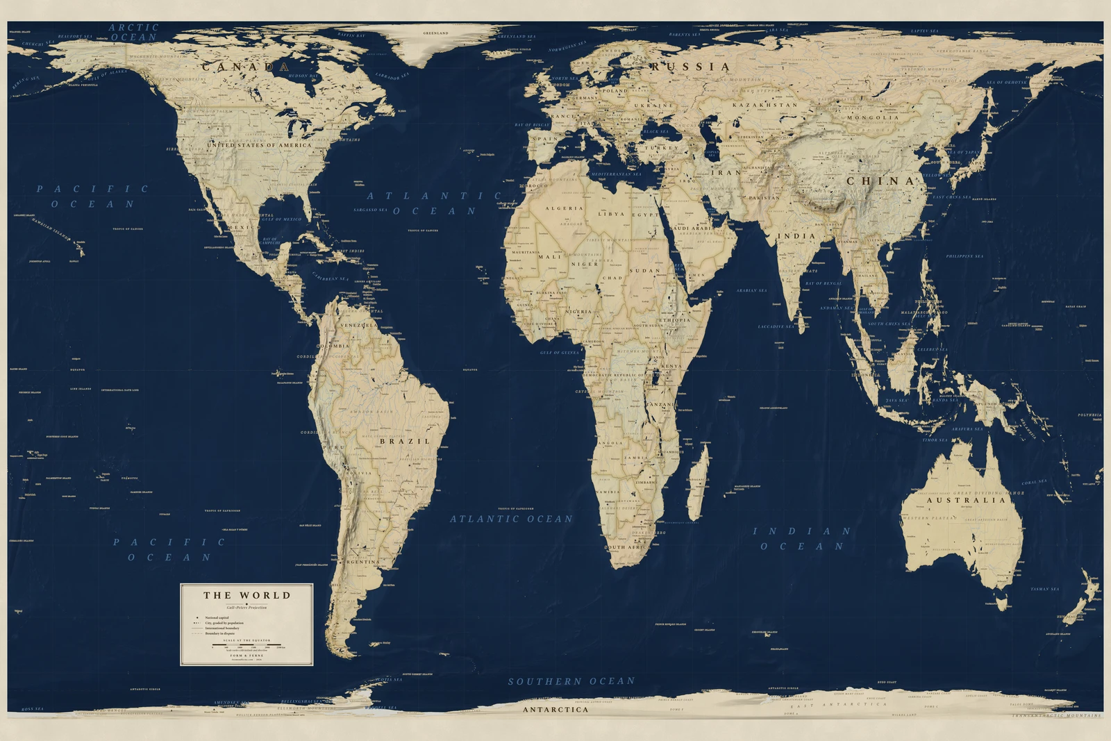 Gall–Peters projection world map, every country its true size, Regency style (Navy sea, ochre and parchment), with all place names in English