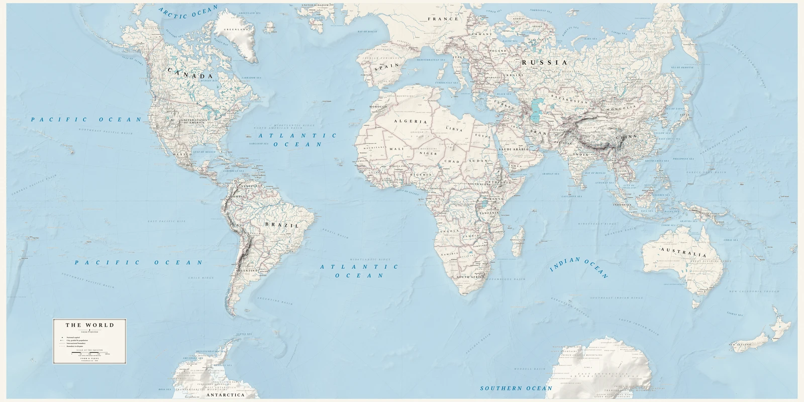 Guyou hemisphere-in-a-square projection world map, angles and local shapes preserved, Alpin style (Swiss topographic relief), with all place names in English
