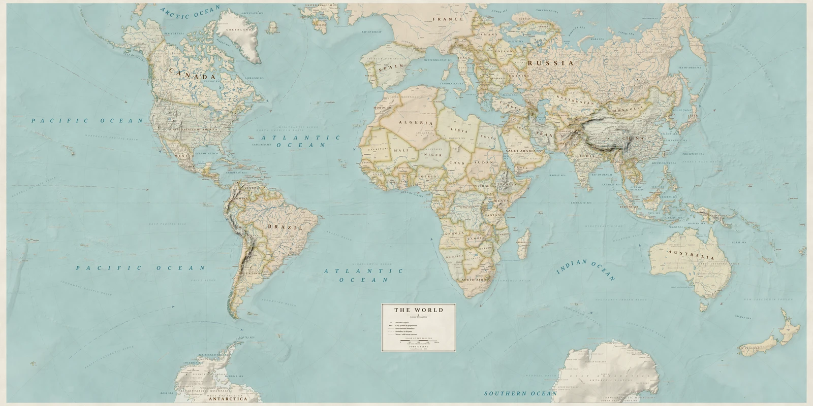 Guyou hemisphere-in-a-square projection world map, angles and local shapes preserved, Heirloom style (Antique, hand-coloured look), with all place names in English