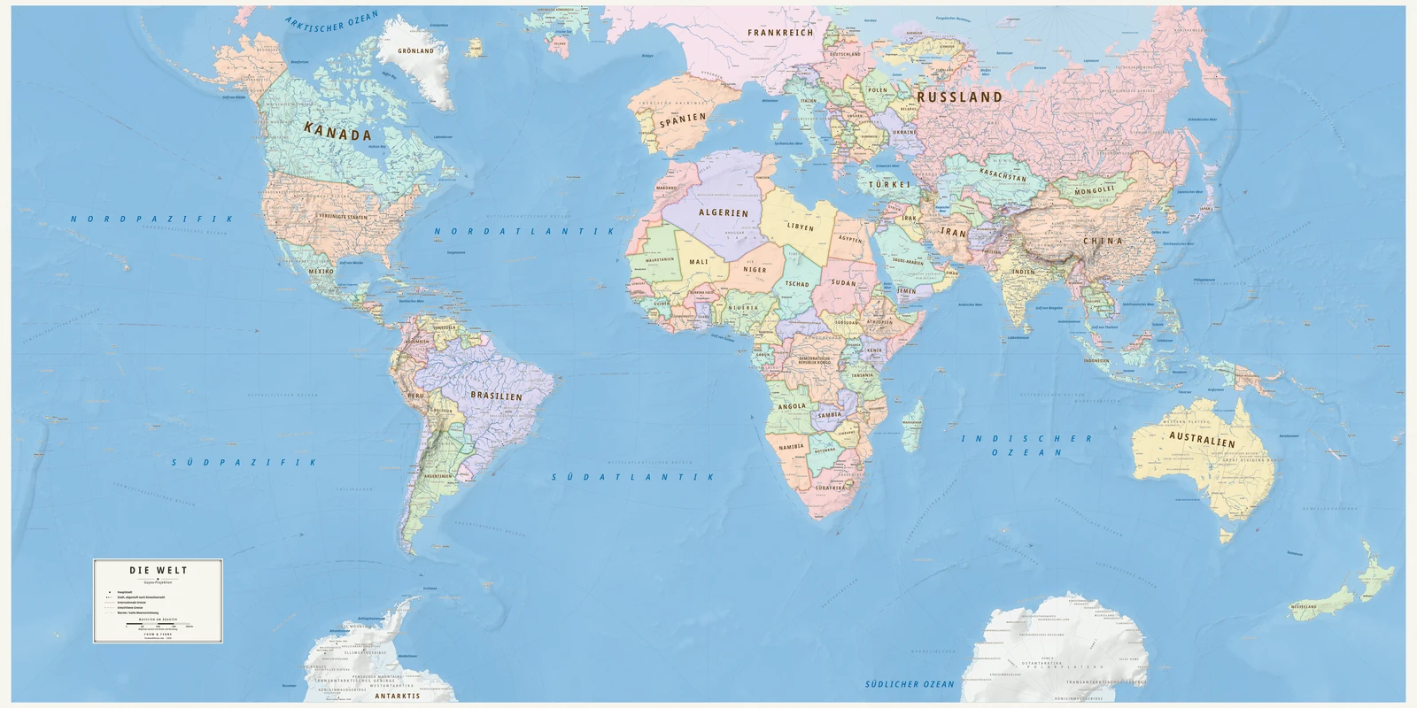 Weltkarte in der Guyou-Projektion (Winkel und Umrisse bleiben erhalten), Stil Meridian (moderner Atlas), alle Ortsnamen auf Deutsch