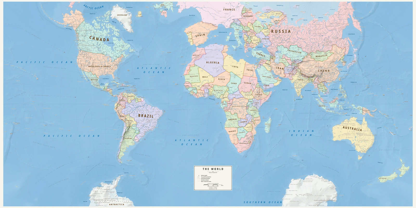 Guyou hemisphere-in-a-square projection world map, angles and local shapes preserved, Meridian style (Mid-century atlas), with all place names in English