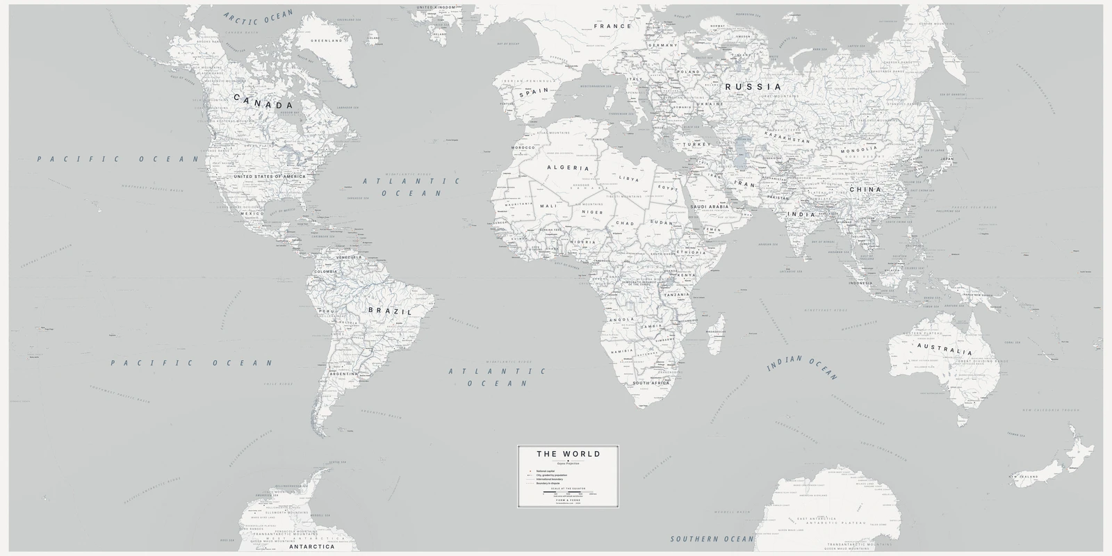 Guyou hemisphere-in-a-square projection world map, angles and local shapes preserved, Nordic style (Architectural minimalist), with all place names in English