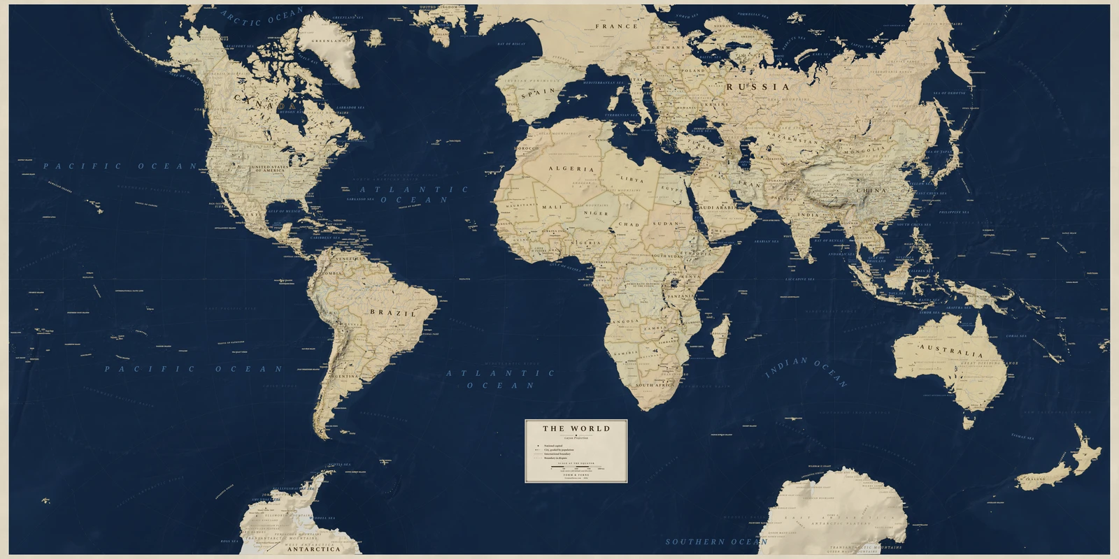 Guyou hemisphere-in-a-square projection world map, angles and local shapes preserved, Regency style (Navy sea, ochre and parchment), with all place names in English