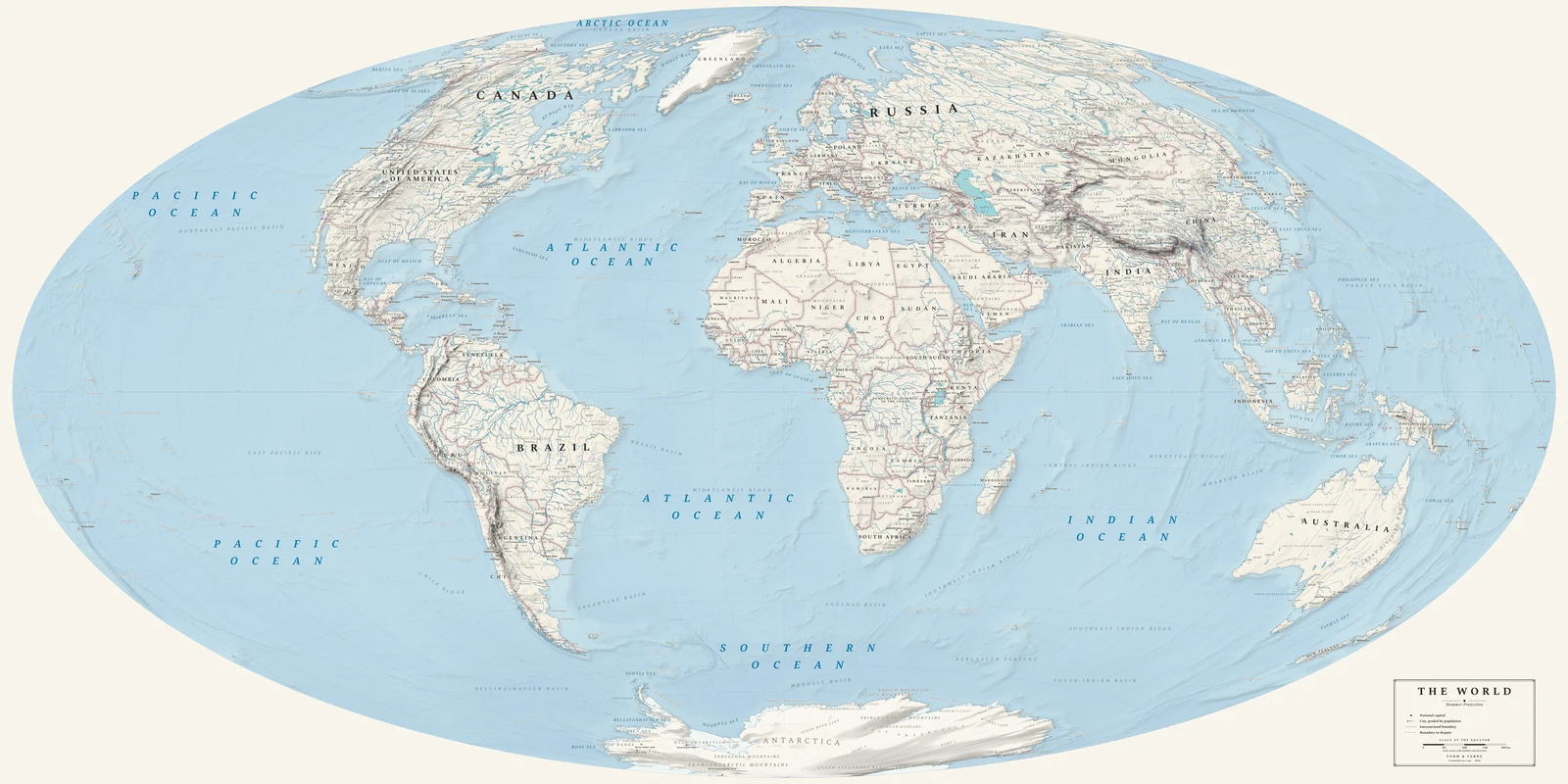 Hammer projection world map, every country its true size, Alpin style (Swiss topographic relief), with all place names in English