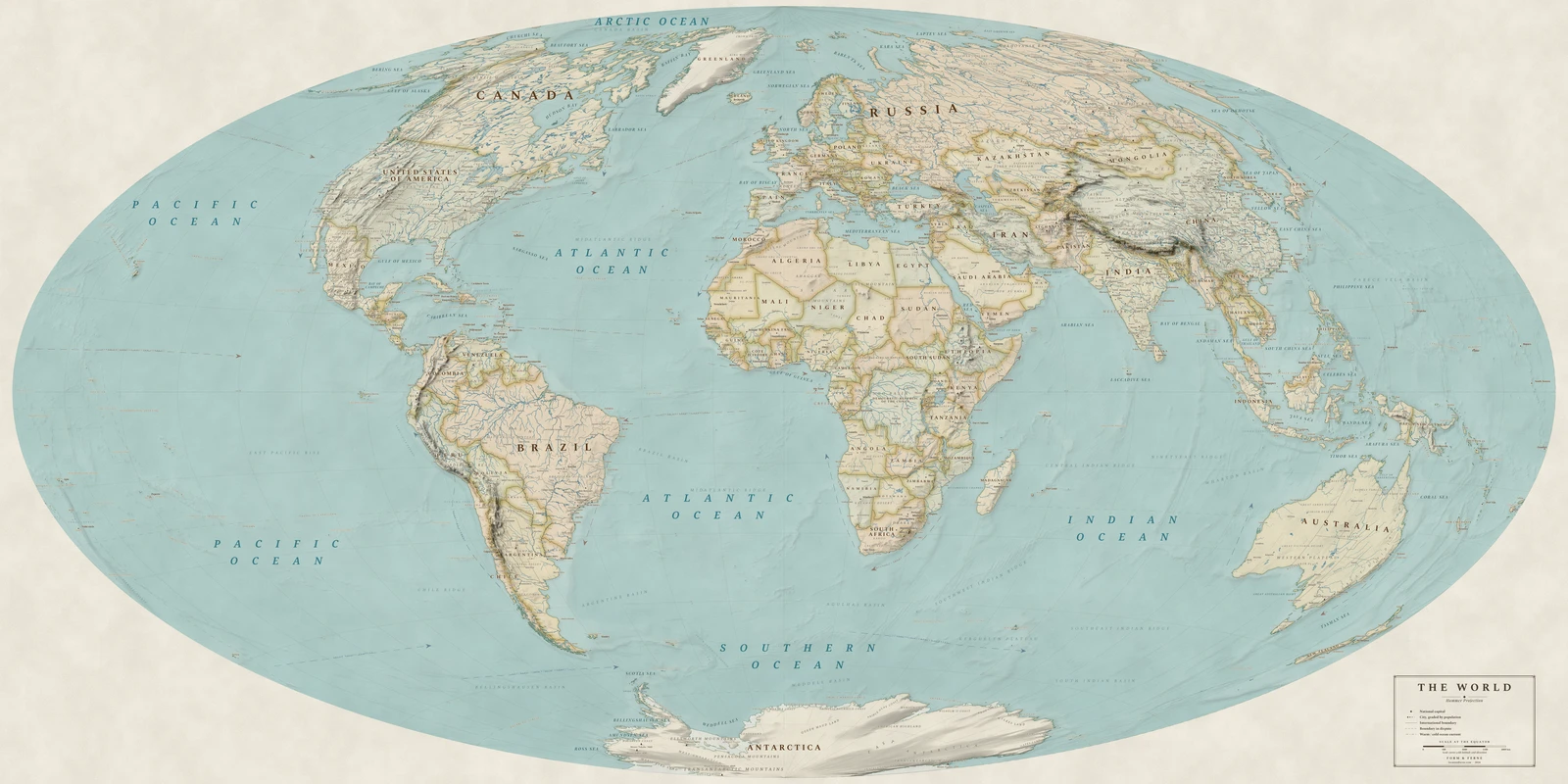 Hammer projection world map, every country its true size, Heirloom style (Antique, hand-coloured look), with all place names in English