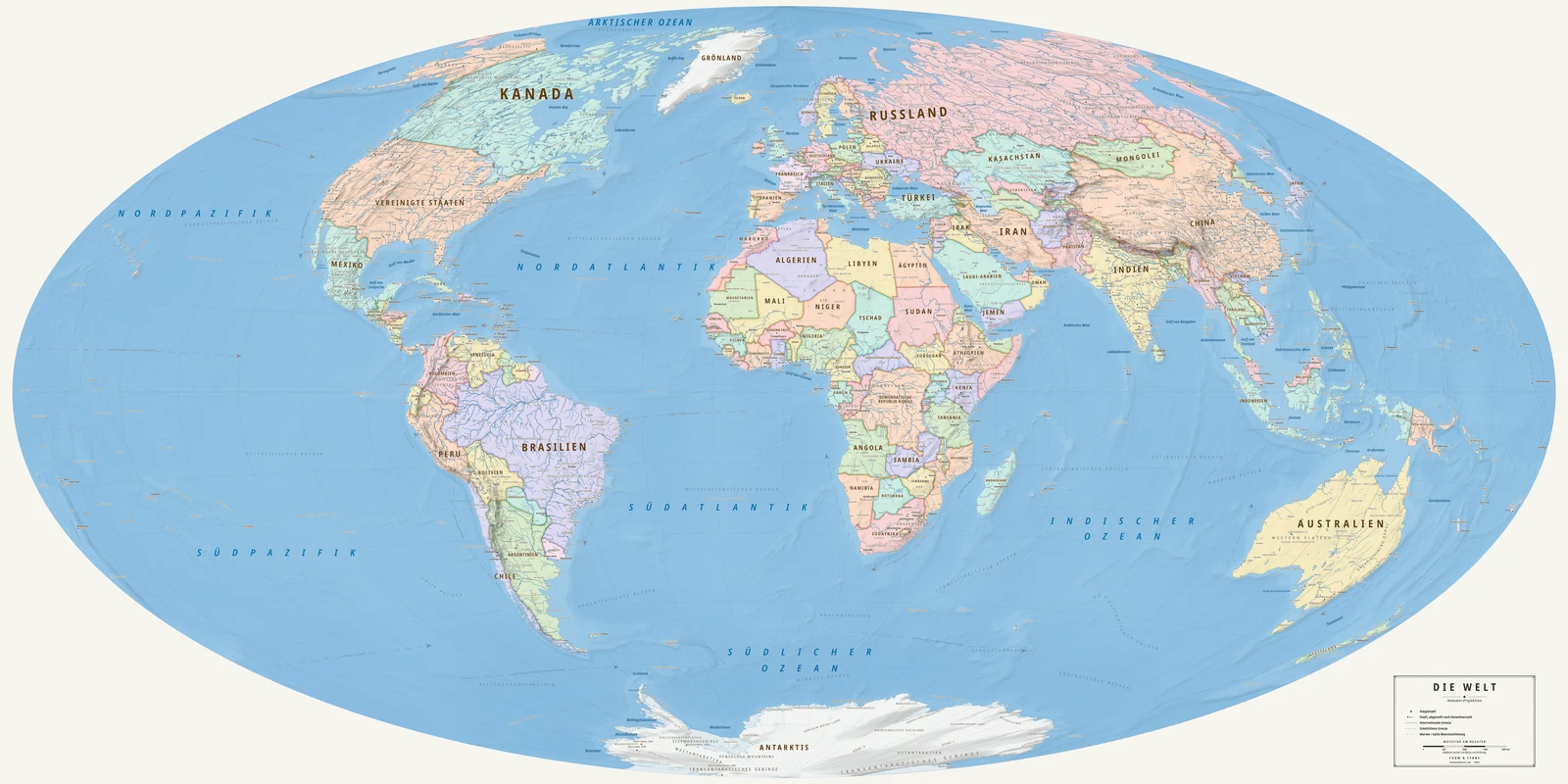 Weltkarte in der Hammer-Projektion (jedes Land in seiner wahren Größe), Stil Meridian (moderner Atlas), alle Ortsnamen auf Deutsch