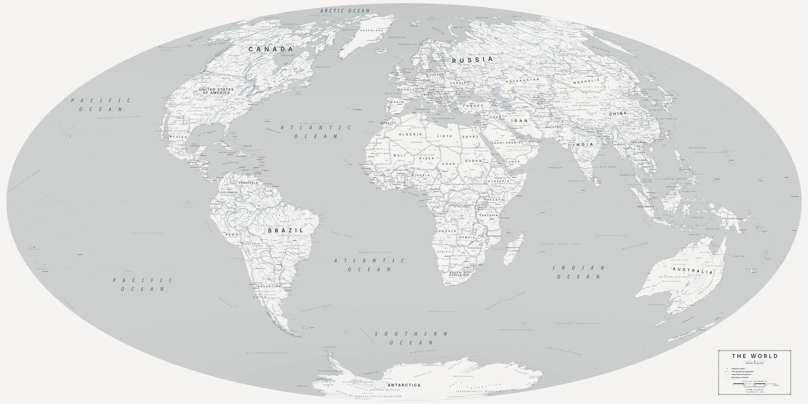 Hammer projection world map, every country its true size, Nordic style (Architectural minimalist), with all place names in English