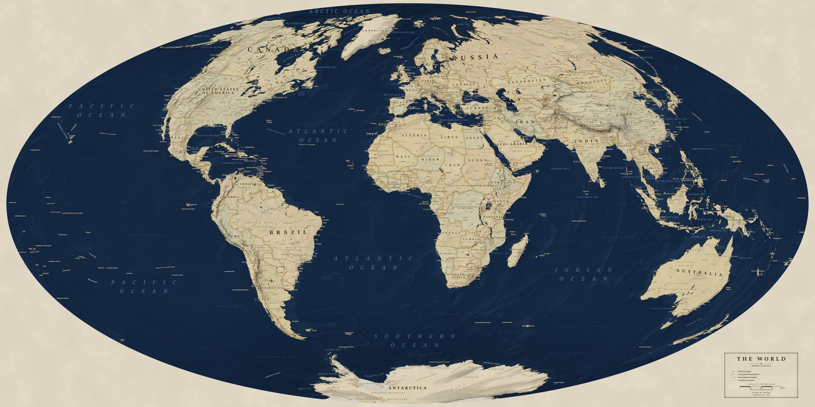 Hammer projection world map, every country its true size, Regency style (Navy sea, ochre and parchment), with all place names in English