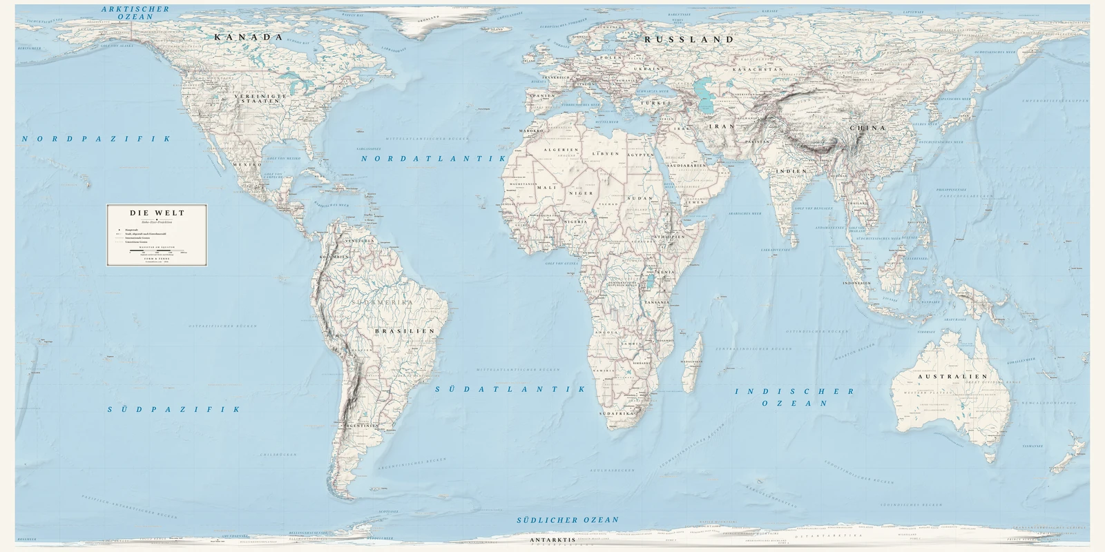 Weltkarte in der Hobo–Dyer-Projektion (jedes Land in seiner wahren Größe), Stil Alpin (Schweizer Schulatlas mit Relief), alle Ortsnamen auf Deutsch
