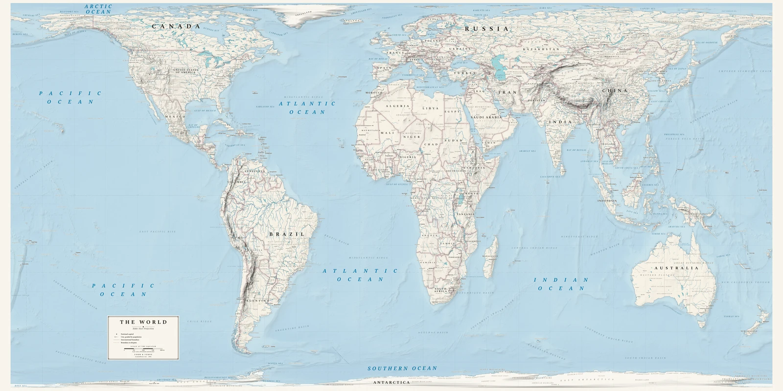 Hobo–Dyer projection world map, every country its true size, Alpin style (Swiss topographic relief), with all place names in English