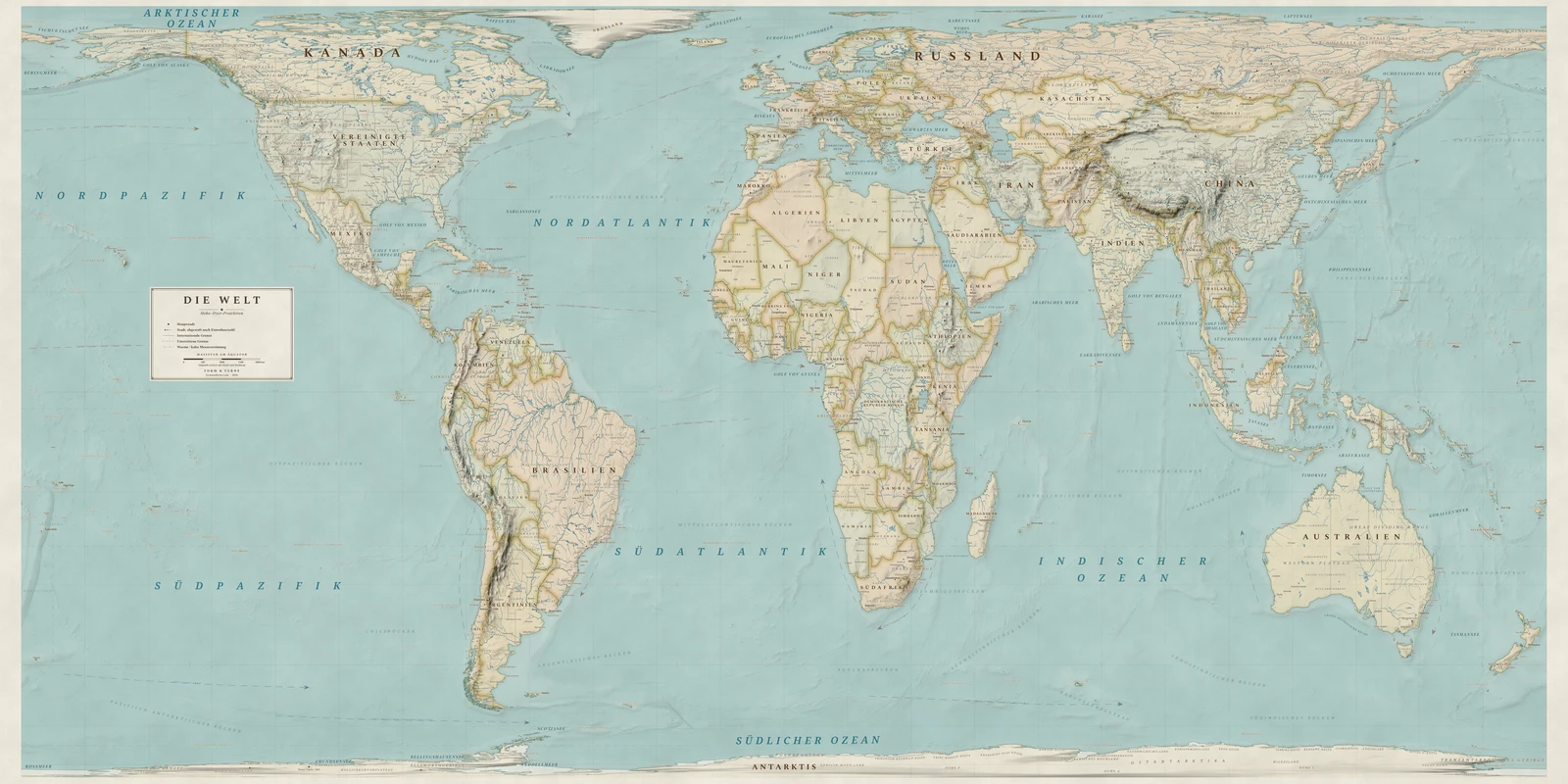 Weltkarte in der Hobo–Dyer-Projektion (jedes Land in seiner wahren Größe), Stil Heirloom (antik, handkoloriert), alle Ortsnamen auf Deutsch