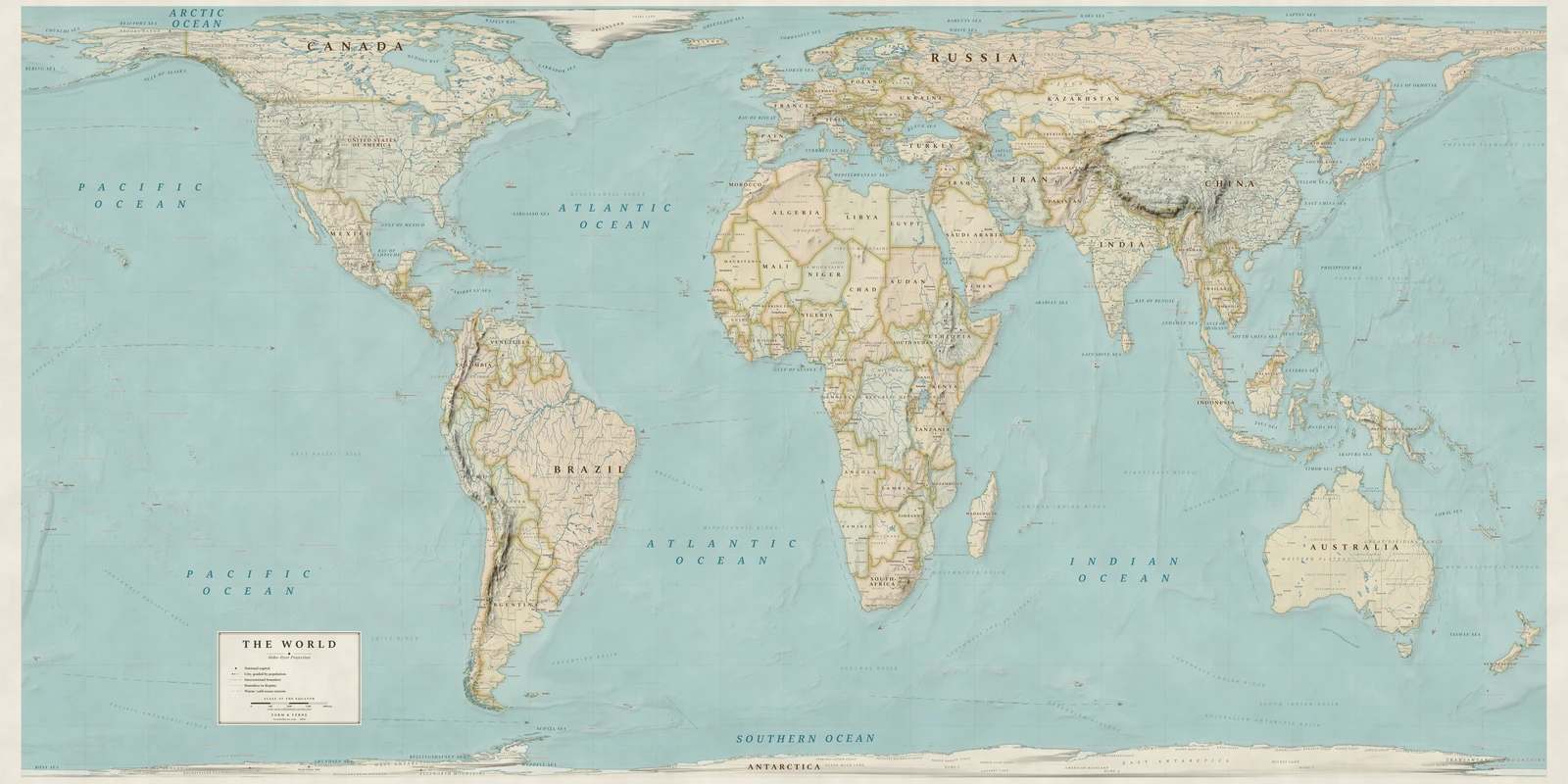 Hobo–Dyer projection world map, every country its true size, Heirloom style (Antique, hand-coloured look), with all place names in English