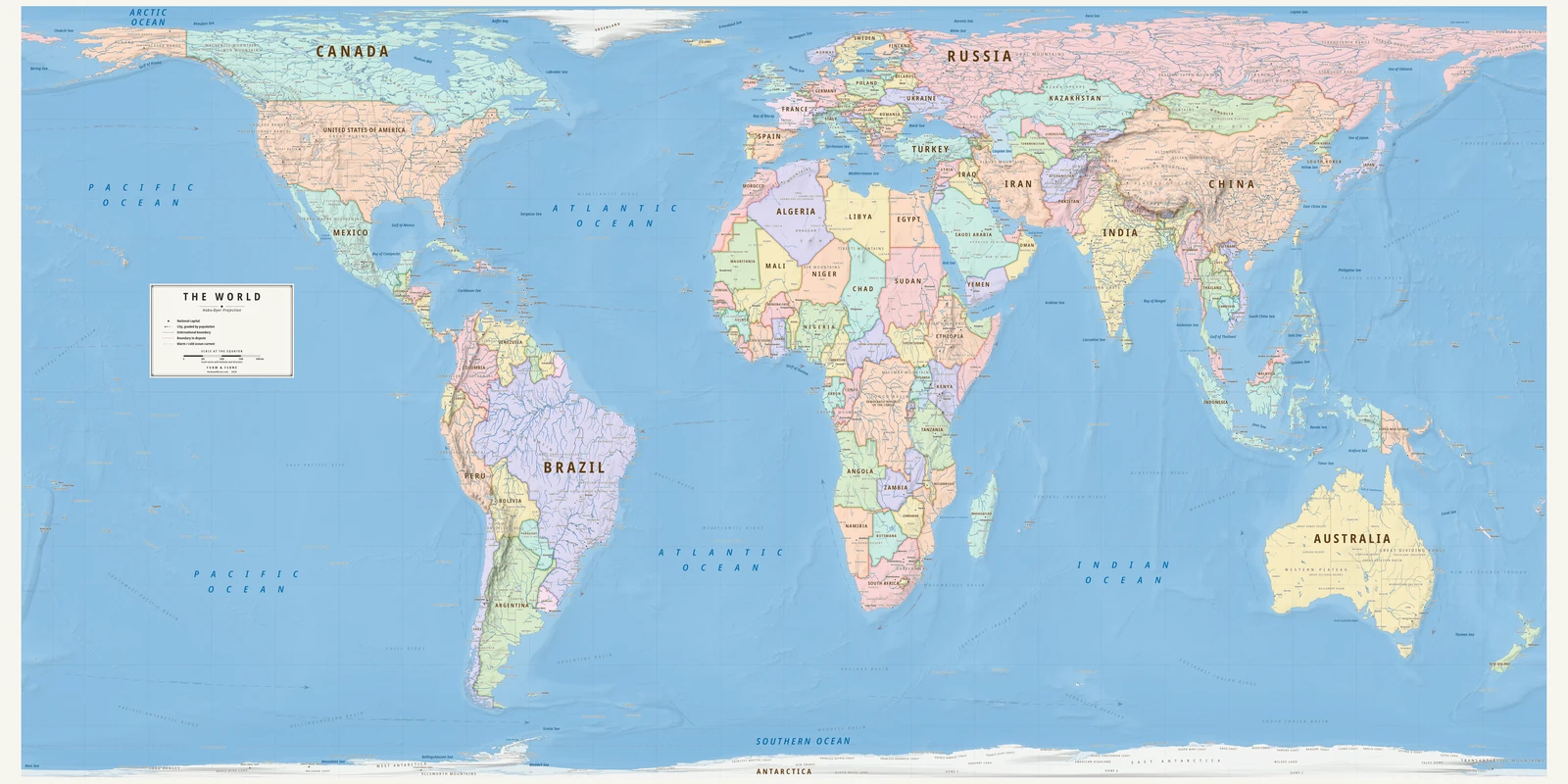 Hobo–Dyer projection world map, every country its true size, Meridian style (Mid-century atlas), with all place names in English