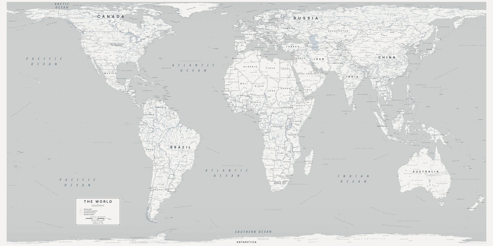 Hobo–Dyer projection world map, every country its true size, Nordic style (Architectural minimalist), with all place names in English