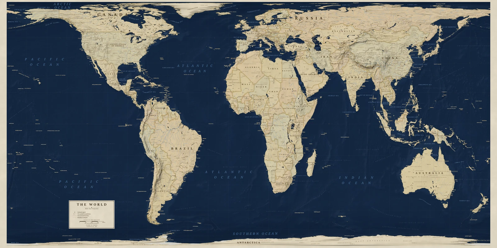 Hobo–Dyer projection world map, every country its true size, Regency style (Navy sea, ochre and parchment), with all place names in English