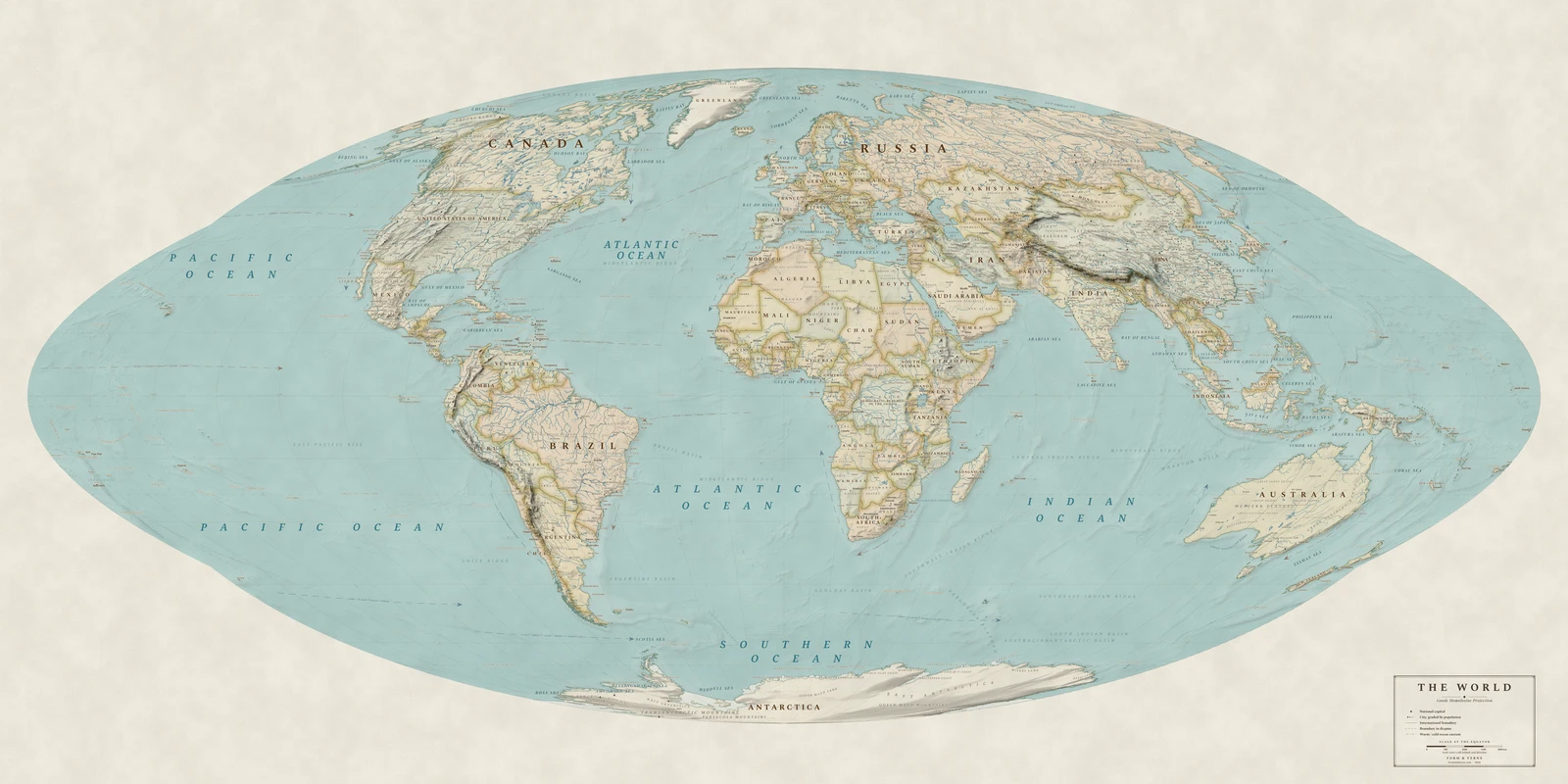 Goode homolosine projection world map, every country its true size, Heirloom style (Antique, hand-coloured look), with all place names in English