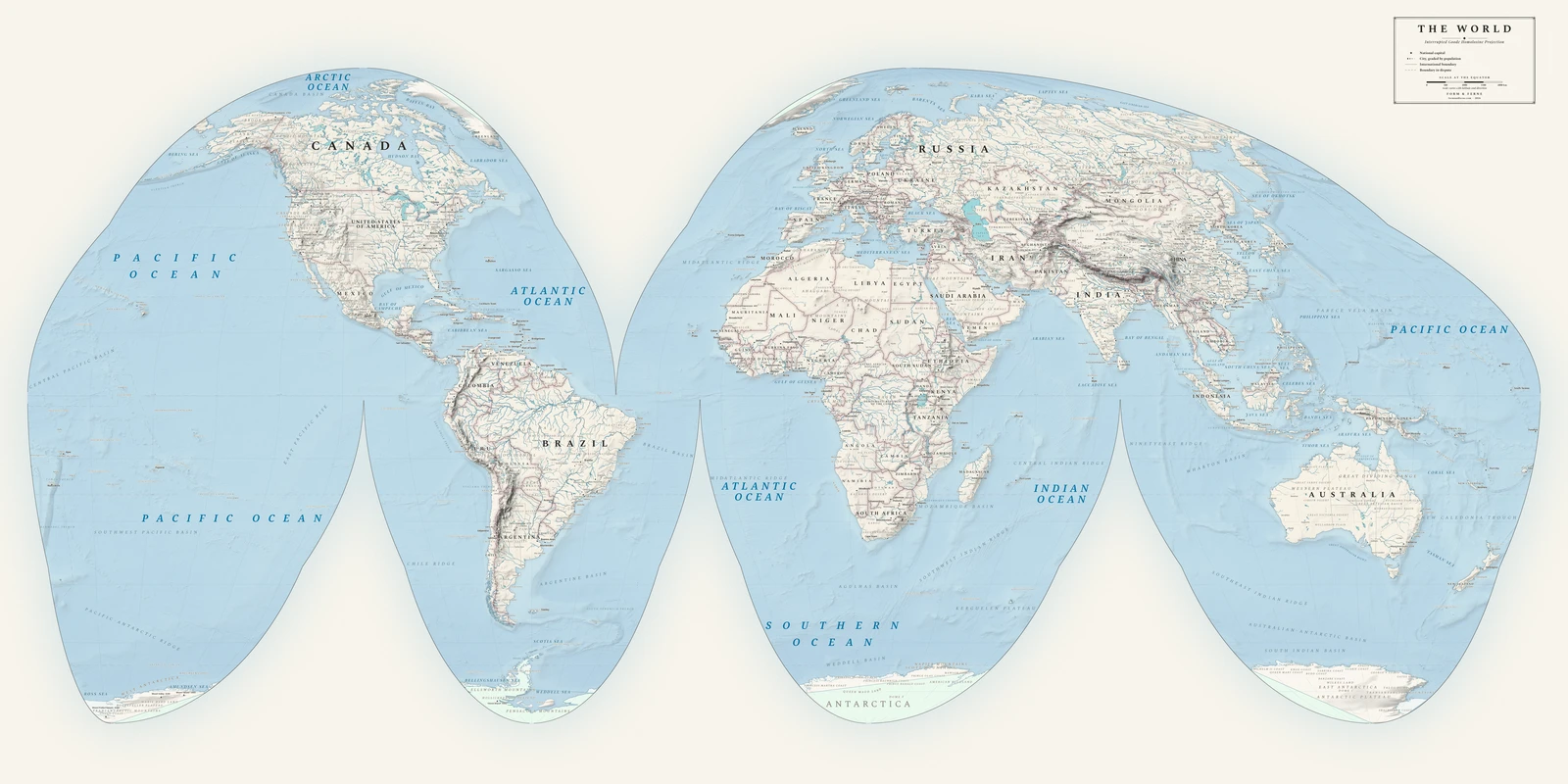 Goode interrupted homolosine projection world map, every country its true size, Alpin style (Swiss topographic relief), with all place names in English