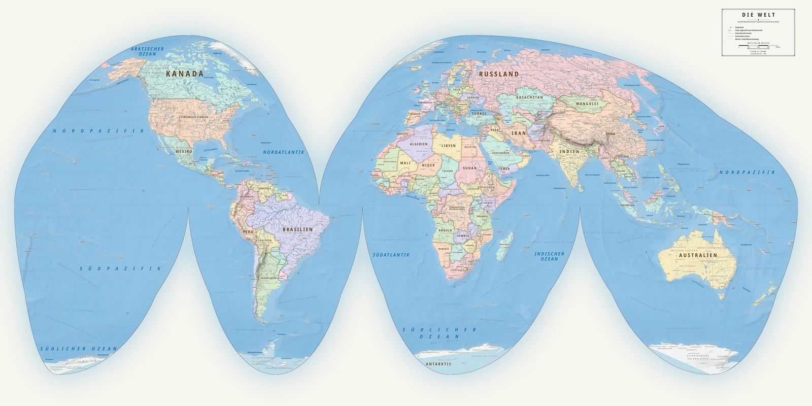Weltkarte in der unterbrochenen Goode-Homolosine-Projektion (jedes Land in seiner wahren Größe), Stil Meridian (moderner Atlas), alle Ortsnamen auf Deutsch