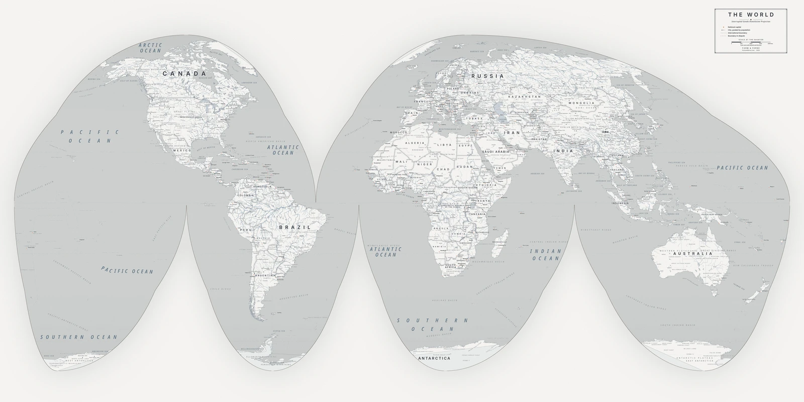 Goode interrupted homolosine projection world map, every country its true size, Nordic style (Architectural minimalist), with all place names in English