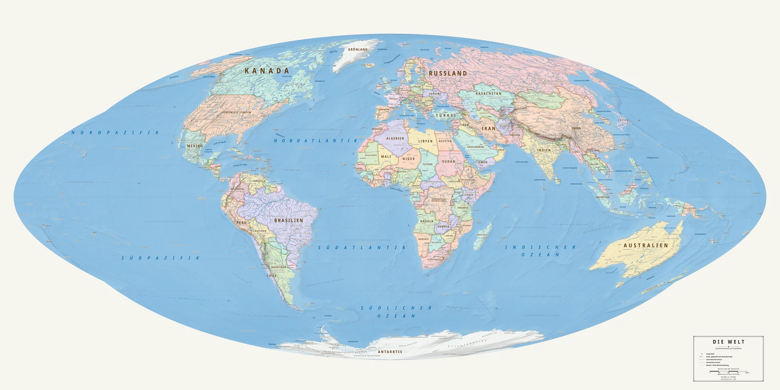 Weltkarte in der Goode-Homolosine-Projektion (jedes Land in seiner wahren Größe), Stil Meridian (moderner Atlas), alle Ortsnamen auf Deutsch