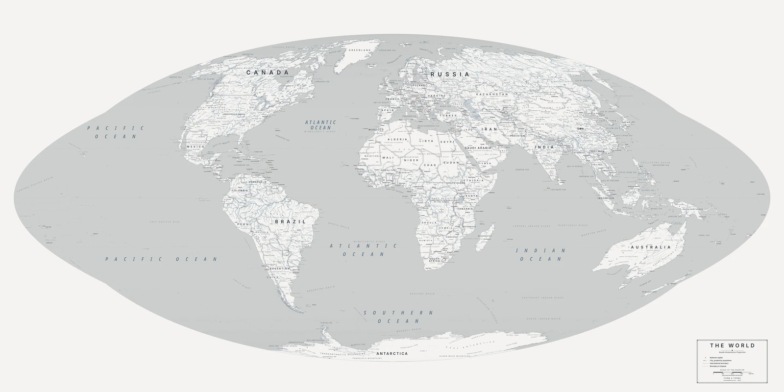 Goode homolosine projection world map, every country its true size, Nordic style (Architectural minimalist), with all place names in English