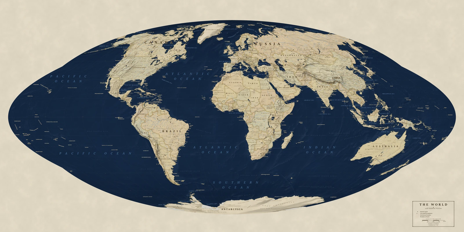 Goode homolosine projection world map, every country its true size, Regency style (Navy sea, ochre and parchment), with all place names in English