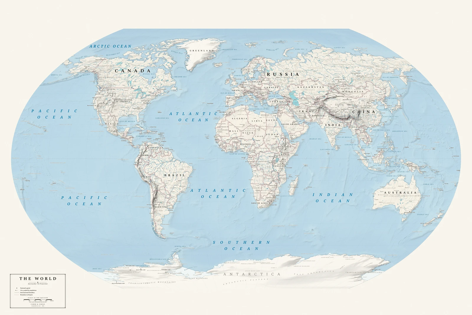 Kavrayskiy VII projection world map, a balance struck between area, shape and distance, Alpin style (Swiss topographic relief), with all place names in English