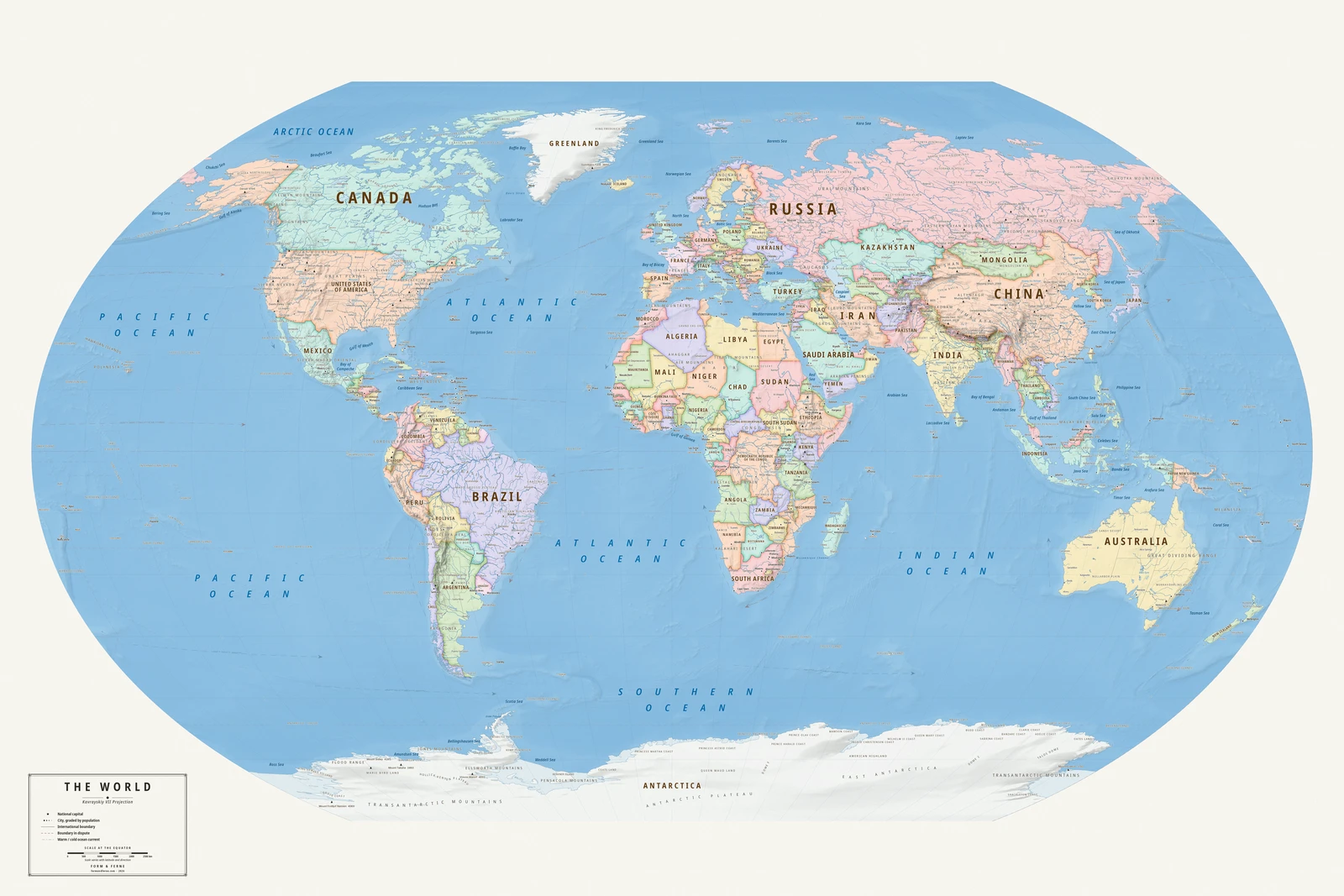 Kavrayskiy VII projection world map, a balance struck between area, shape and distance, Meridian style (Mid-century atlas), with all place names in English