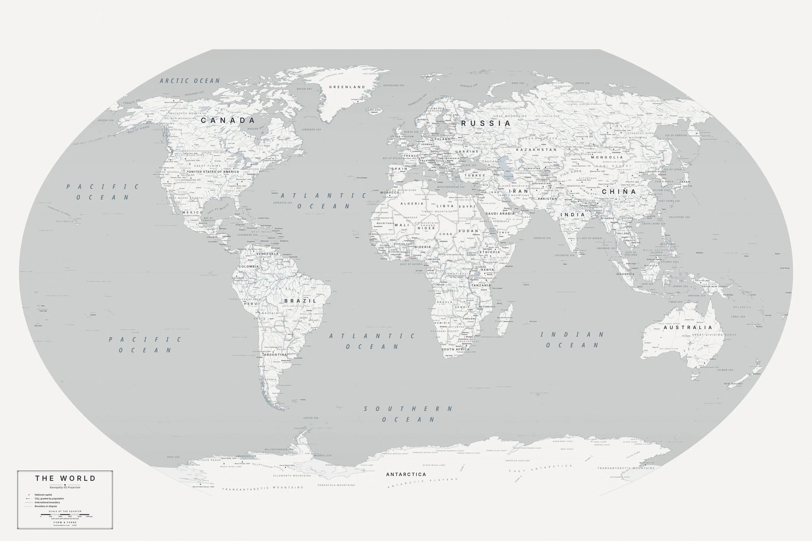 Kavrayskiy VII projection world map, a balance struck between area, shape and distance, Nordic style (Architectural minimalist), with all place names in English