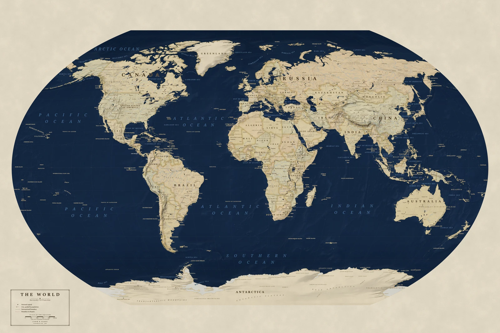 Kavrayskiy VII projection world map, a balance struck between area, shape and distance, Regency style (Navy sea, ochre and parchment), with all place names in English