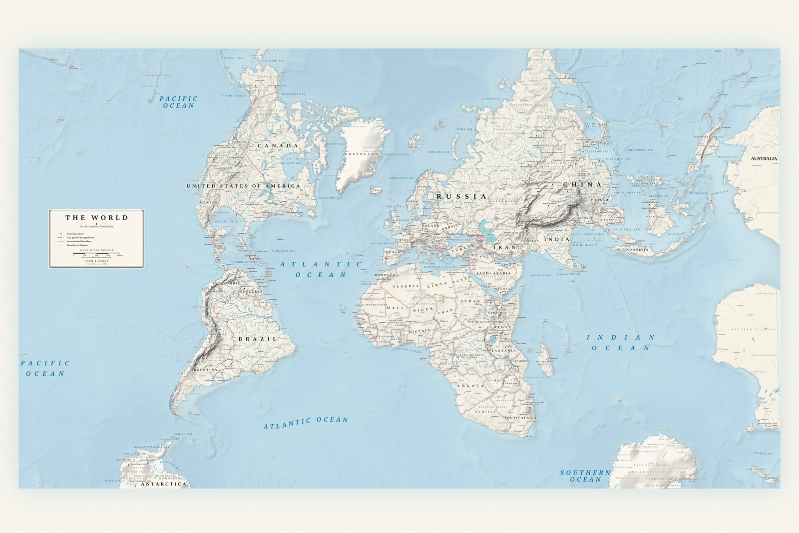 Lee tetrahedral projection world map, angles and local shapes preserved, Alpin style (Swiss topographic relief), with all place names in English
