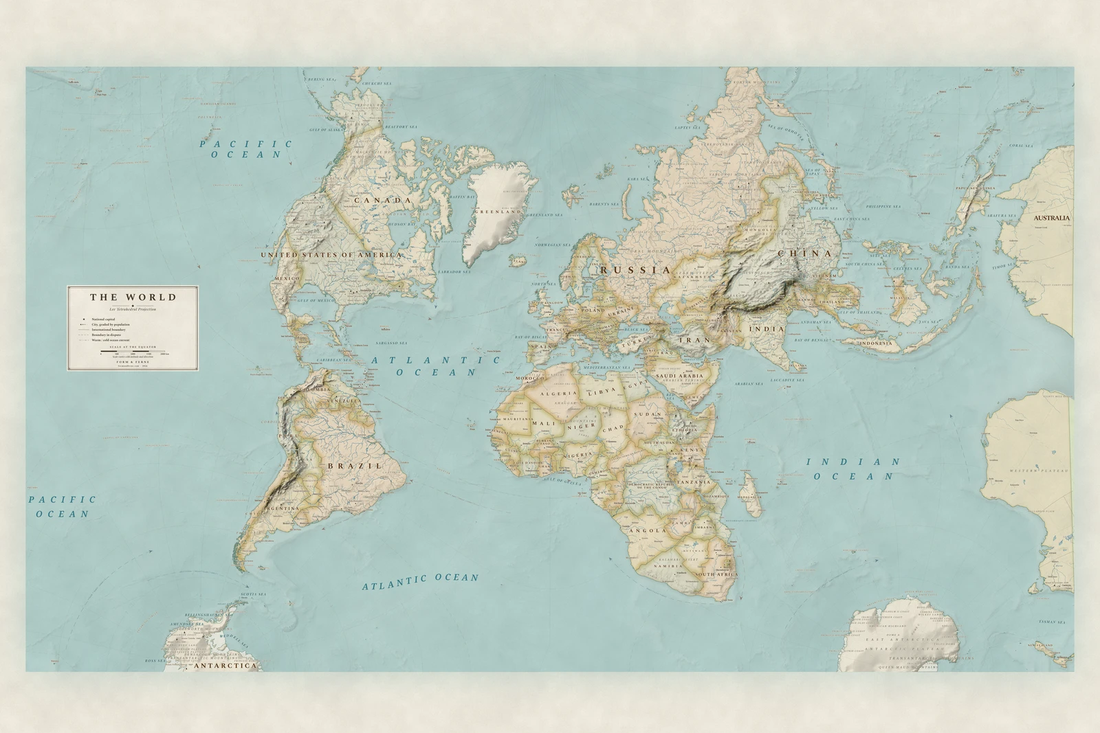 Lee tetrahedral projection world map, angles and local shapes preserved, Heirloom style (Antique, hand-coloured look), with all place names in English