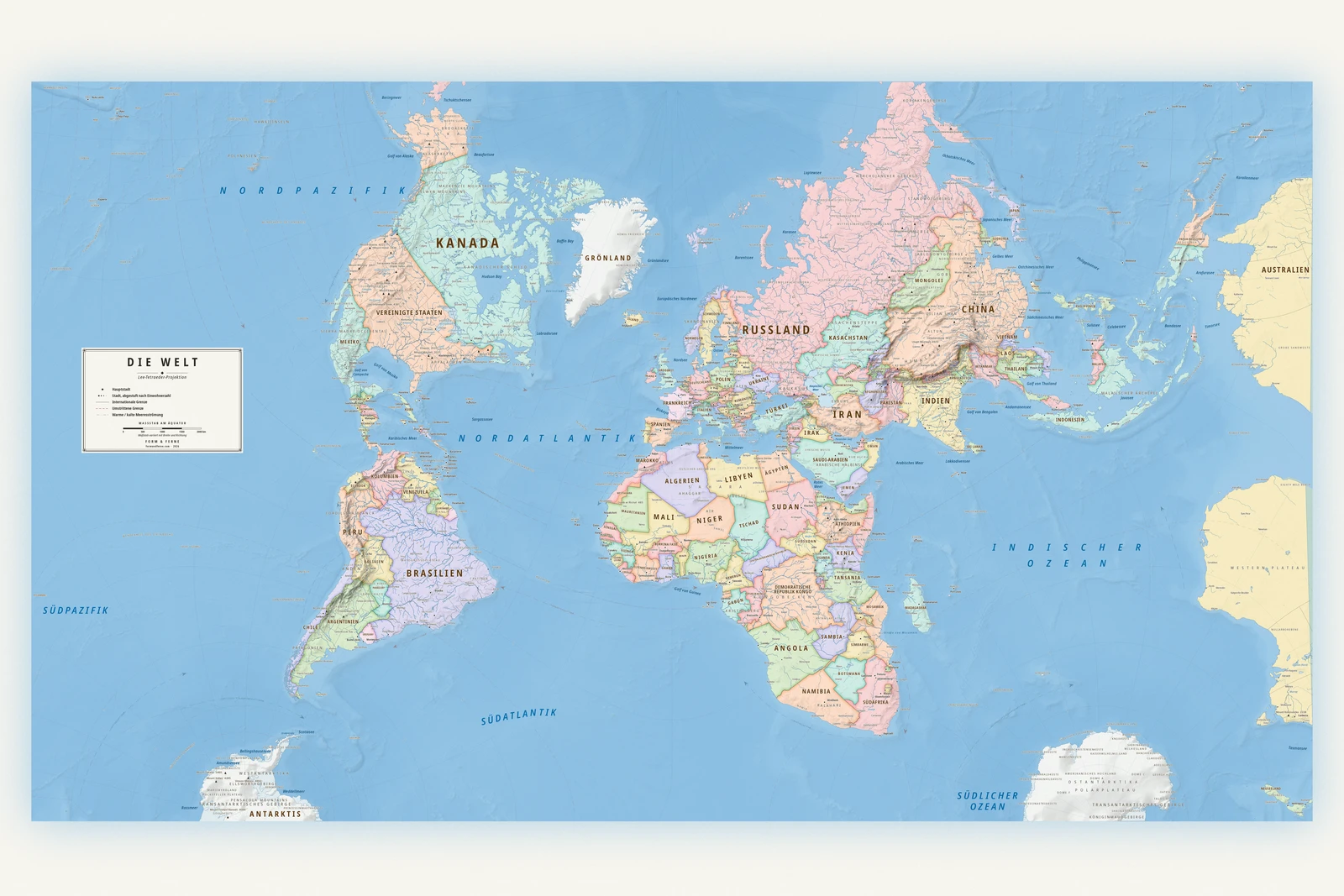 Weltkarte in der Lee-Tetraeder-Projektion (Winkel und Umrisse bleiben erhalten), Stil Meridian (moderner Atlas), alle Ortsnamen auf Deutsch