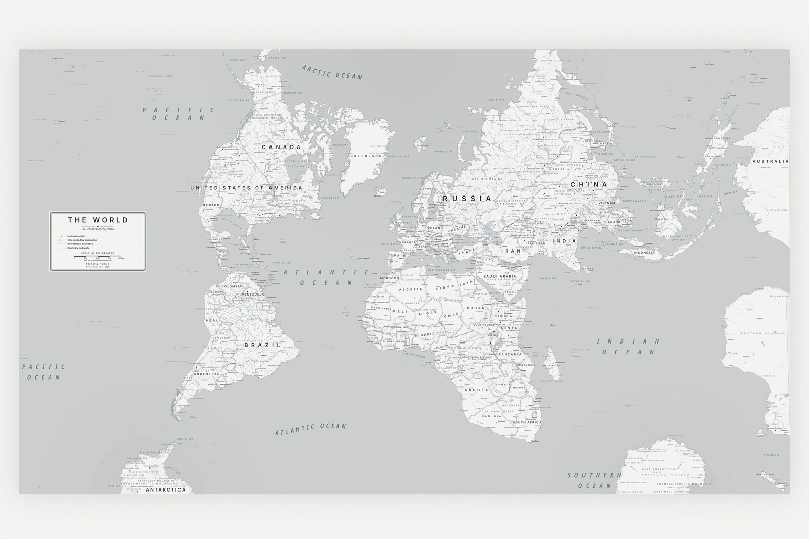 Lee tetrahedral projection world map, angles and local shapes preserved, Nordic style (Architectural minimalist), with all place names in English