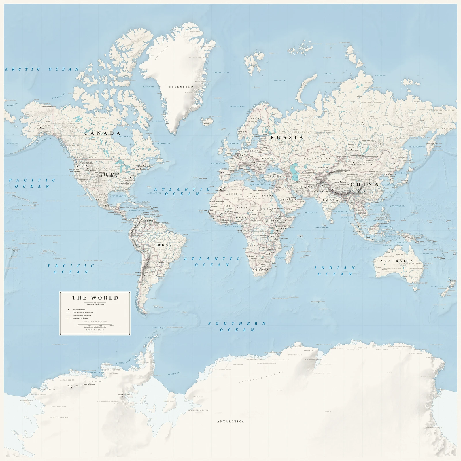 Mercator projection world map, angles and local shapes preserved, Alpin style (Swiss topographic relief), with all place names in English