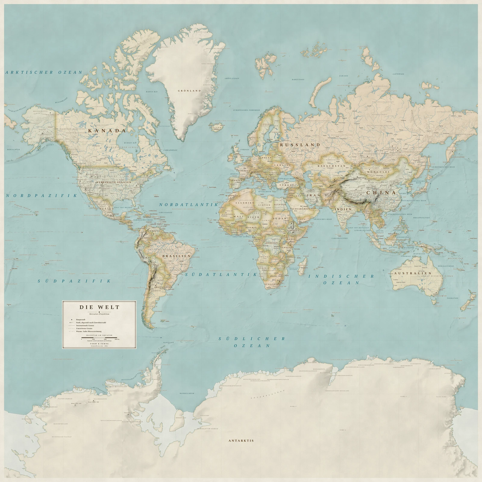 Weltkarte in der Mercator-Projektion (Winkel und Umrisse bleiben erhalten), Stil Heirloom (antik, handkoloriert), alle Ortsnamen auf Deutsch