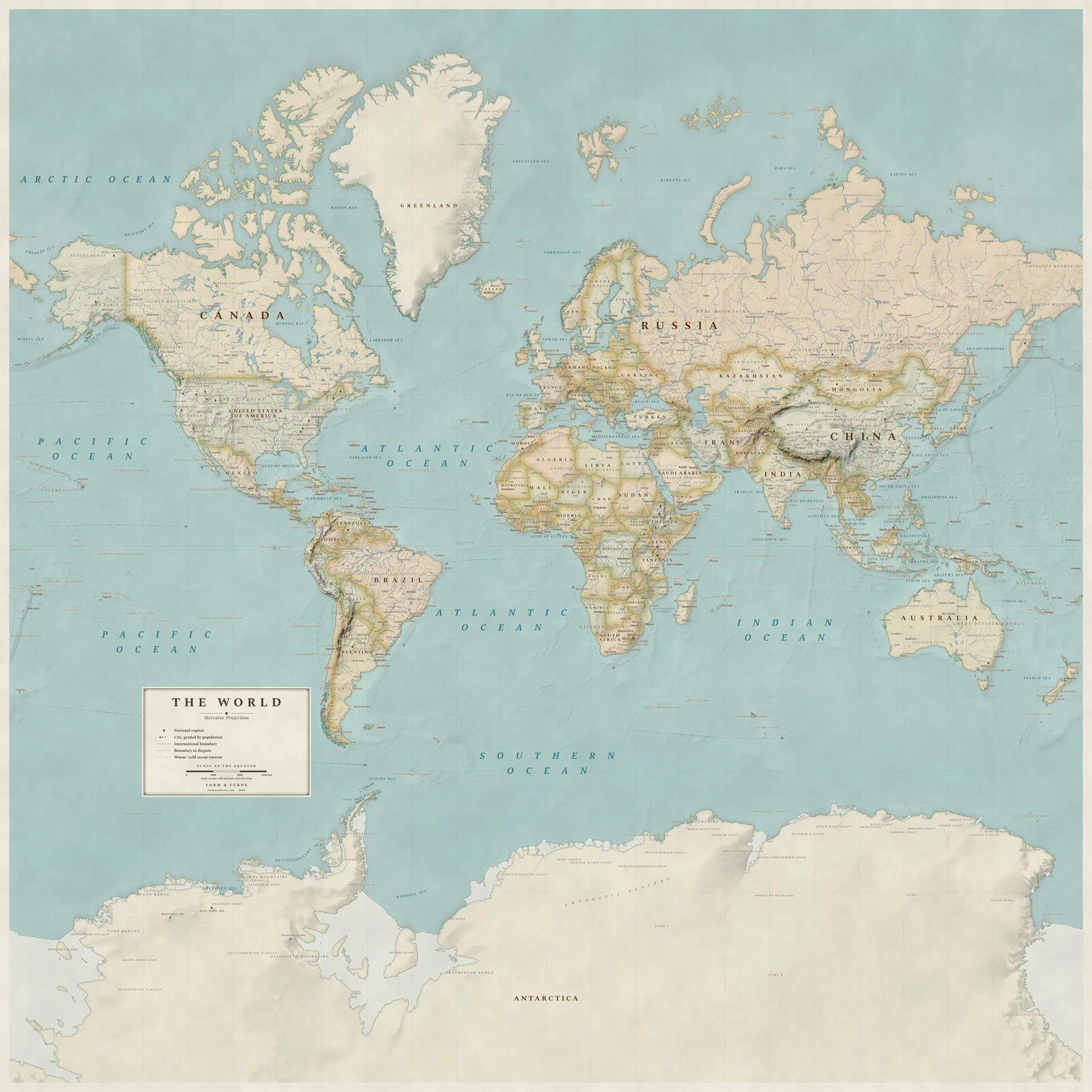 Mercator projection world map, angles and local shapes preserved, Heirloom style (Antique, hand-coloured look), with all place names in English
