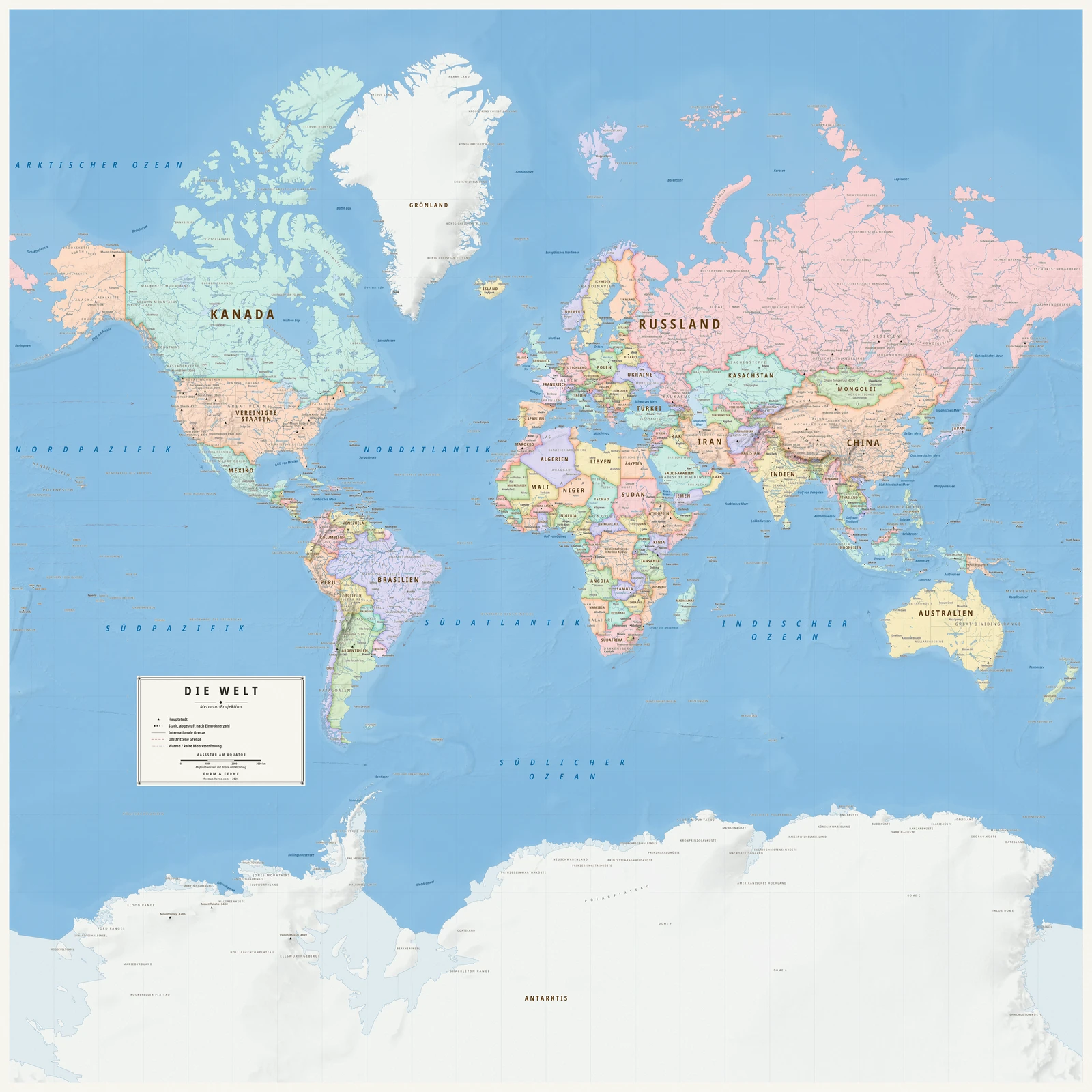 Weltkarte in der Mercator-Projektion (Winkel und Umrisse bleiben erhalten), Stil Meridian (moderner Atlas), alle Ortsnamen auf Deutsch