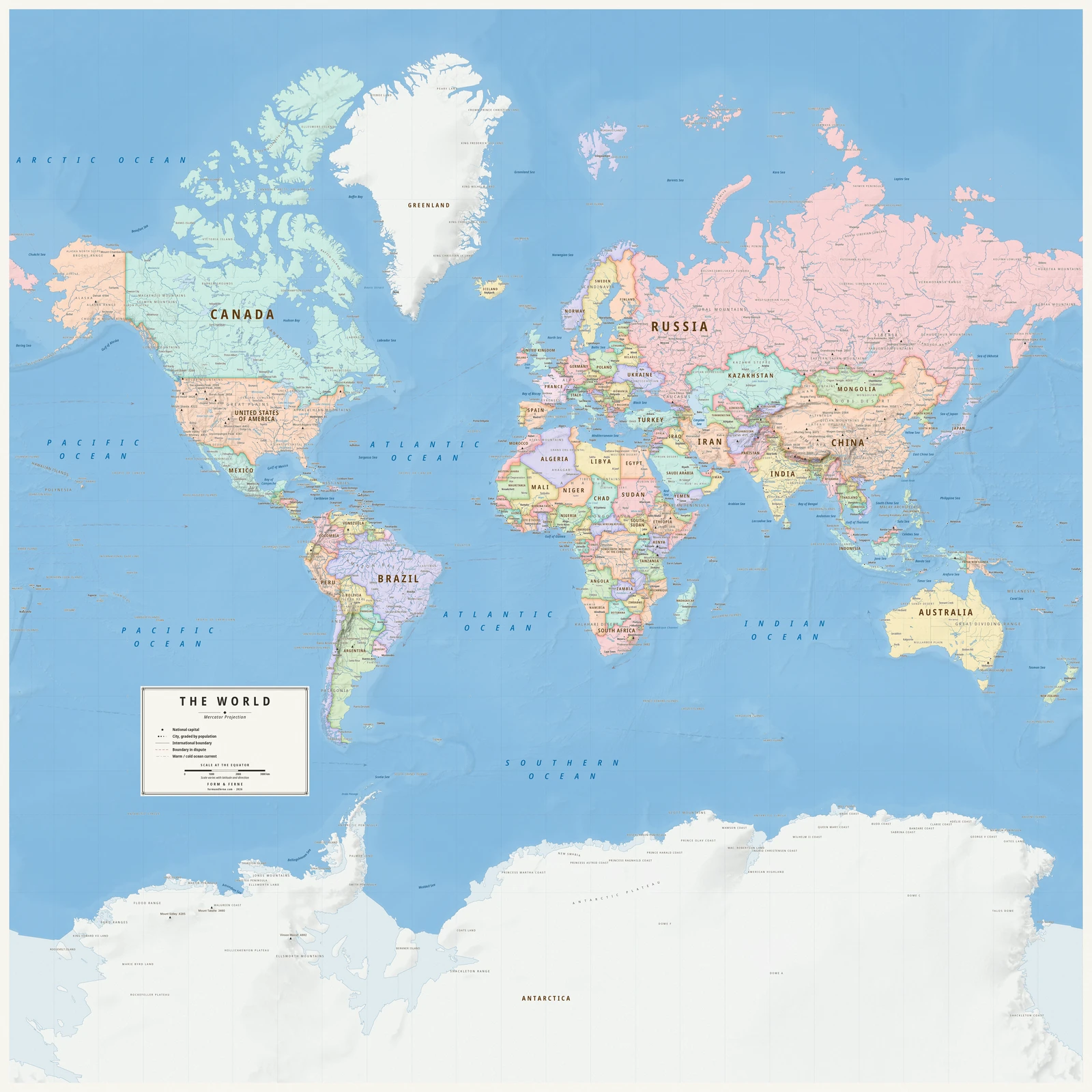 Mercator projection world map, angles and local shapes preserved, Meridian style (Mid-century atlas), with all place names in English