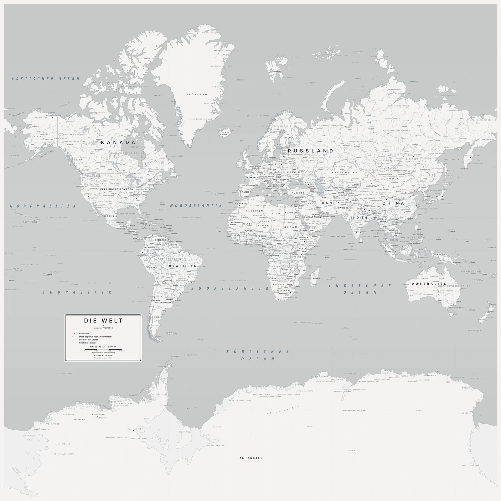 Weltkarte in der Mercator-Projektion (Winkel und Umrisse bleiben erhalten), Stil Nordic (architektonisch-minimalistisch), alle Ortsnamen auf Deutsch