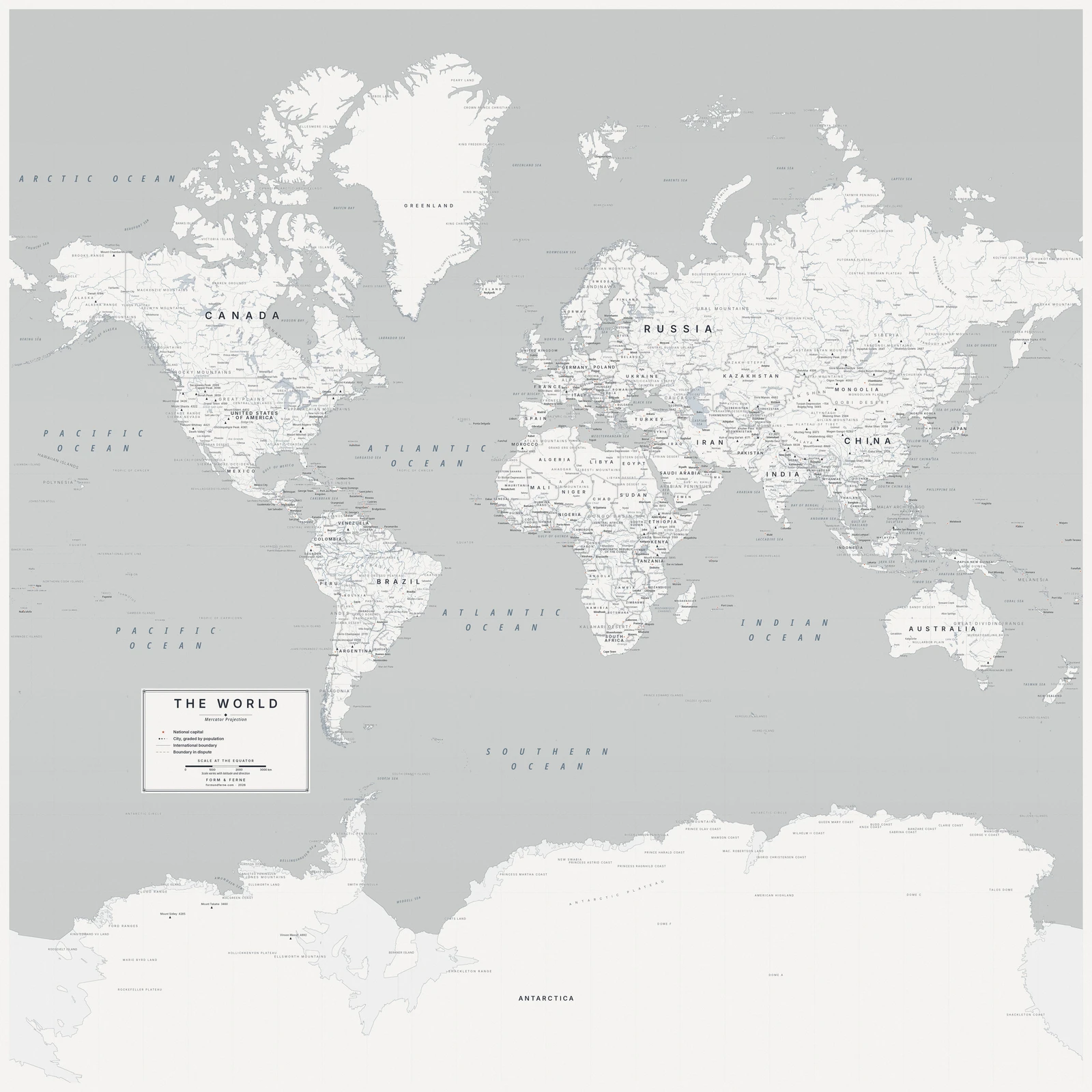 Mercator projection world map, angles and local shapes preserved, Nordic style (Architectural minimalist), with all place names in English