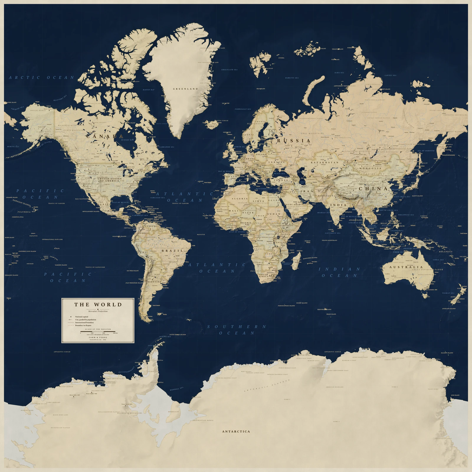 Mercator projection world map, angles and local shapes preserved, Regency style (Navy sea, ochre and parchment), with all place names in English