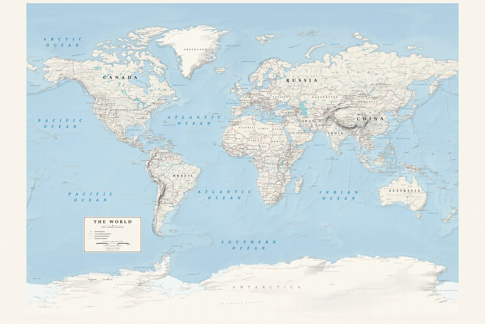 Miller projection world map, a balance struck between area, shape and distance, Alpin style (Swiss topographic relief), with all place names in English